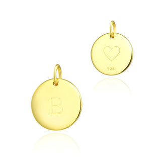 1pc 925 Sterling Silver 12mm Letter B Charm, Real 18K Yellow Gold Plated, Heart Engraved, Name Initial Disc Coin Pendant Drop, SLP-G2