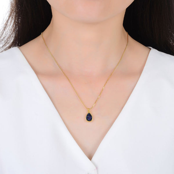 1pc Natural Druzy Crystal Pendant Necklace, Purple Blue Teardrop Small Tiny Gemstone Pendant, 18 inch Gold Plated Stainless Steel Chain, GGP26-6