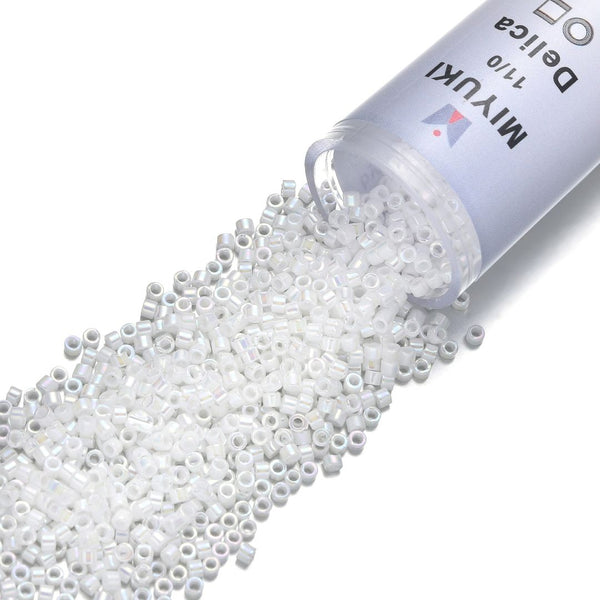 30g Miyuki Delica 11/0 Seed Beads, Opaque Rainbow White Pearl DB202
