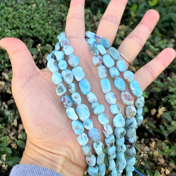 Natural Larimar Gemstone Oval Tumbled Pebble Beads, Irregular, 8mm to 10mm, Hole ID 1mm, 15 Inch/1 Strand, GZ12-16