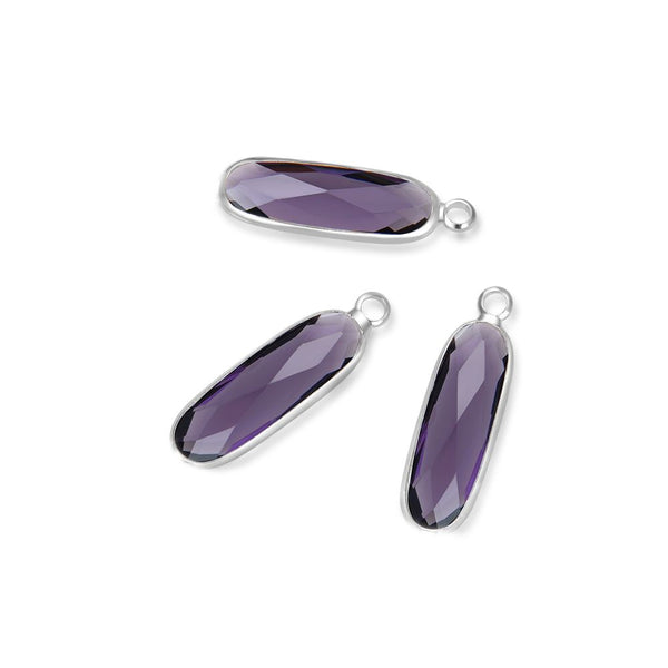 10pcs Grade A February Amethyst Purple Rectangle Bar Birthstone Charm Drops, Sterling Silver Plated Brass, 21x7mm, CCP8-S2