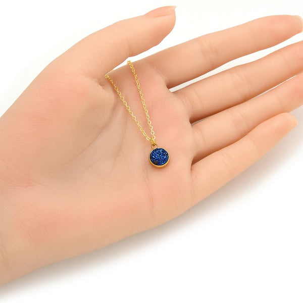 1pc Natural Druzy Crystal Pendant Necklace, Purple Blue Round Disc Drop Small Tiny Gemstone Pendant, 18 inch Gold Plated Stainless Steel Chain, GGP22-6