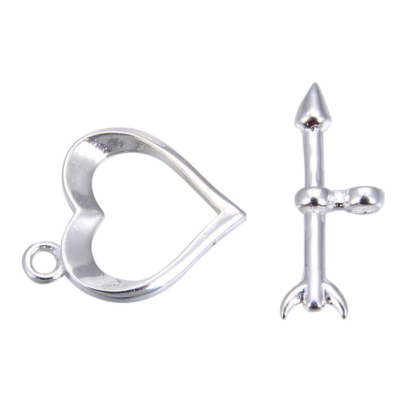 2 Sets 925 Sterling Silver Toggle Clasps, Love Heart,  With Arrow T-Bar Jewelry Closure, 12mm, SS374