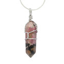 1pc Natural Rhodonite Pink Black Gemstone Pendant Necklace, 18 Inch Surgical Stainless Steel Chain, GGP-E10