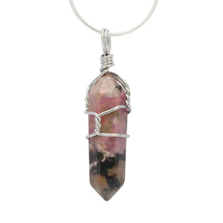 1pc Natural Rhodonite Pink Black Gemstone Pendant Necklace, 18 Inch Surgical Stainless Steel Chain, GGP-E10