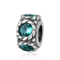 Real 925 Sterling Silver May Birthstone Flower Round Charm Bead, Cubic Zirconia CZ Green Emerald...