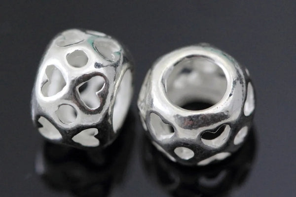 5pcs 925 Sterling Silver Large Hole Heart Pattern Round Beads, 7.5mm, Hole ID 3.8mm, SS59
