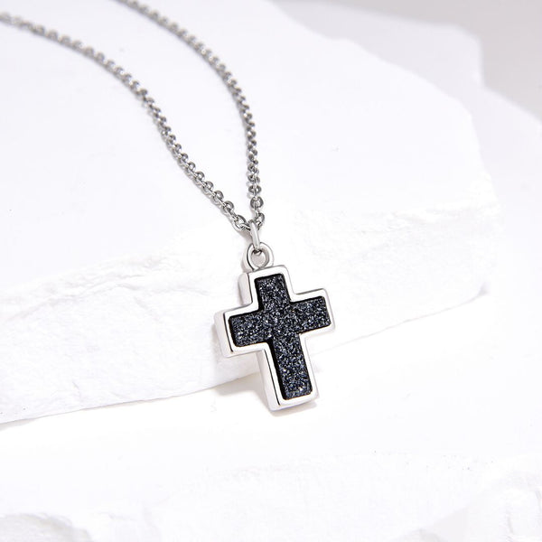 1pc Natural Druzy Crystal Pendant Necklace, Hematite Black Cross Small Gemstone Pendant, 18 inch Stainless Steel Surgical Chain, GGP19-4