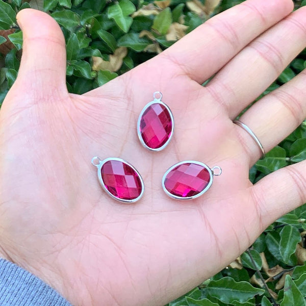 10pcs Grade A July Ruby Red Oval Birthstone Charm Drops, Sterling Silver Plated Brass, 18x13mm, CCP6-S7