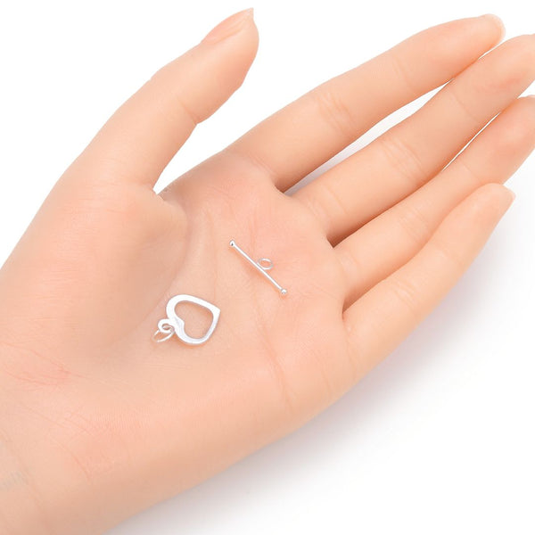 1 Set 925 Sterling Silver Heart Shaped Toggle Clasp, T-Bar Jewelry Closure, 16mm, SS26-BB