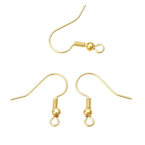 100pcs Fish Earring Hooks Ear Wire, 18K Yellow Gold Plated Brass, 0.7mm/21 Gauge, 18mm Long CF20-2