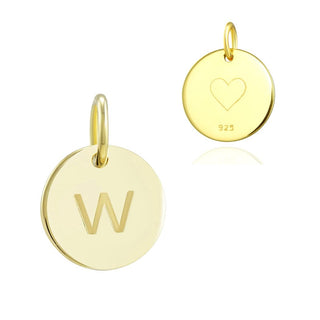 1pc 925 Sterling Silver 12mm Letter W Charm, Real 18K Yellow Gold Plated, Heart Engraved, Name Initial Disc Coin Pendant Drop, SLP-G23
