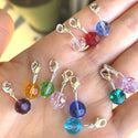1 Set/12pcs Mixed Clip On Dangle Birthstone Charm Drops, 8mm Round Crystal Beads, Sterling Silver Plated Clasps, BL3