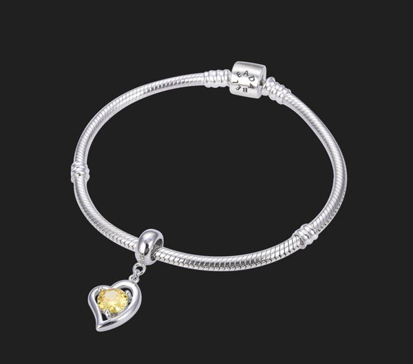 1pc 925 Sterling Silver Love Heart November Birthstone Charm Drop, Yellow Topaz Cubic Zirconia CZ, 26mm (1 inch) Long, Hole ID 4.5mm, EC1-E11