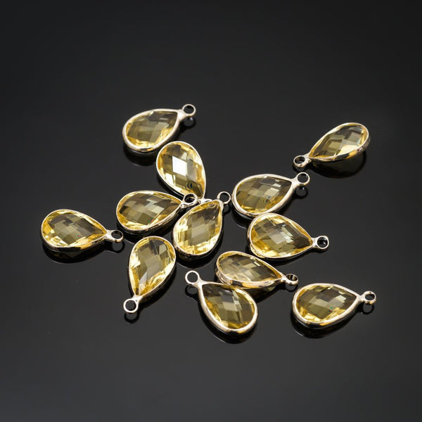 10pcs Grade A November Topaz Teardrop Birthstone Charm Drop, Sterling Silver Plated Brass, Size Selections: 11x7mm, 14x8mm, 16x9mm