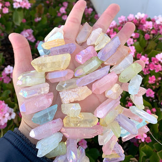 1 Strand Natural Raw Crystal Quartz Gemstone Beads, Large Drilled Stone Points, Chakra Rainbow AB Titanium Coated Gem Stick, 15 Inch, GA-E6