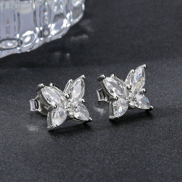 1 Pair 925 Sterling Silver April Birthstone Butterfly Stud Earrings, 10mm, Cubic Zirconia CZ Clear Diamond Stone, SSE83-4