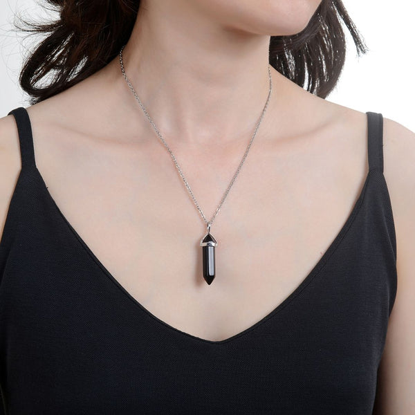 1pc Natural Black Crystal Gemstone Pendant Necklace, 18 Inch Surgical Stainless Steel Chain, GGP-C15