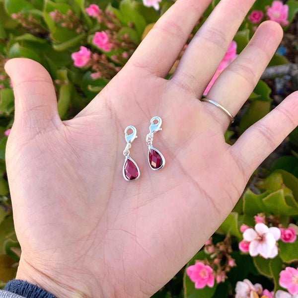 2pcs Clip On Dangle July Ruby Red Birthstone Charm Drops, Tarnish Resistant, Sterling Silver Plated Lobster Clasp, BL7-7