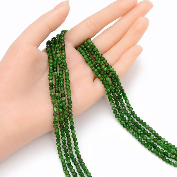 Natural Green Diopside Gemstone Tiny Small Faceted Round Beads, 4mm, Hole ID 0.6mm, 15 Inch/1 Strand, GK4-24