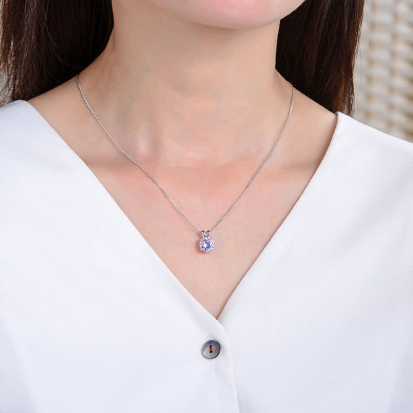 925 Sterling Silver June Birthstone Solitaire Necklace, 8mm/2 Carat Purple Alexandrite Cubic Zirconia CZ, Length Selections: 16 inch/18 inch