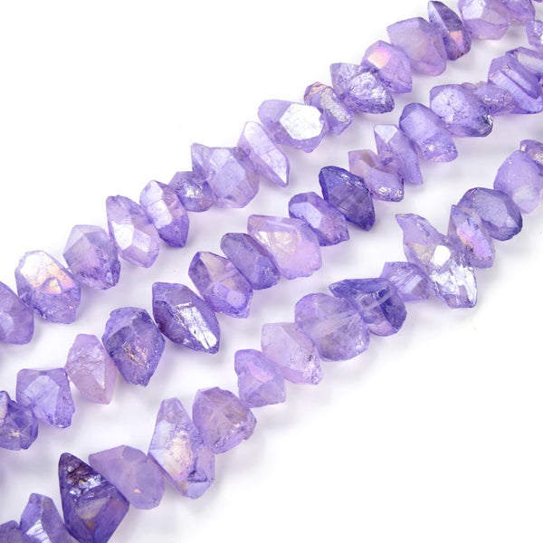 Natural Raw Crystal Quartz Nugget Drilled Gemstone Beads, Violet Tanzanite AB Titanium Coated Stone Nuggets, 15 Inch, GA-B9