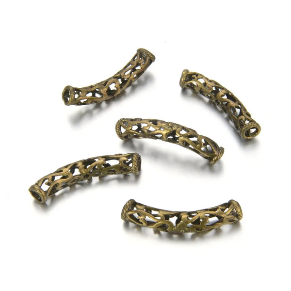 10pcs Large Hole Filigree Flower Tube Beads, Antique Bronze Plated Brass, 28mm, Hole ID 4mm, CF162-B