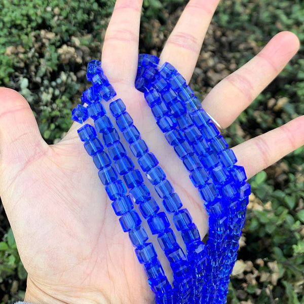 100pcs Creative Club Faceted Cube Crystal Glass Beads, Sapphire Blue, 8mm, Hole ID 1mm, CCC813