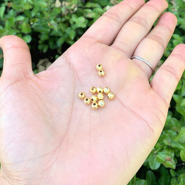 50pcs Tarnish Resistant Small Tiny Corrugated Ribbon Pattern Round Beads, 18K Yellow Gold Plated Brass, 4mm, Hole ID 1mm, BF233-4