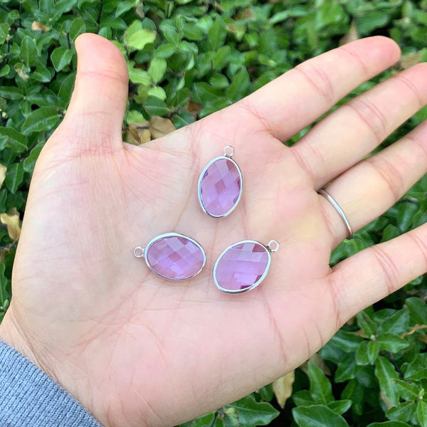 10pcs Grade A June Alexandrite Purple Oval Birthstone Charm Drops, Sterling Silver Plated Brass, 18x13mm, CCP6-S6