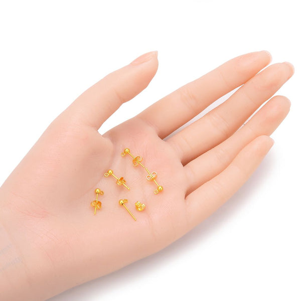 40pcs Ball Earring Posts, Closed Ring, with 40pcs Earring Backs, 18K Yellow Gold Plated Brass, Ball Size Selections: 3mm/3.5mm/4mm/5mm