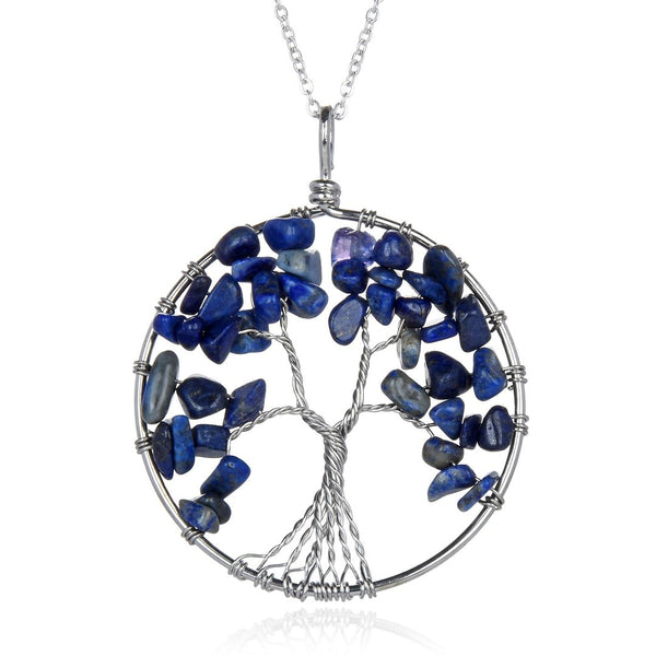 1pc Tree of Life Prosperity Necklace, Natural Blue Lapis Lazuli Gemstone Pendant, 26 inch Surgical Stainless Steel Chain, GGP9-4