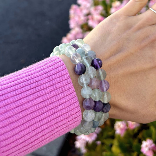 1 Strand Stretch Natural Multi-color Fluorite Beaded Gemstone Bracelet, 8mm Bead, Length Selections: 7 inch/7.5 inch/8 inch/8.5 inch