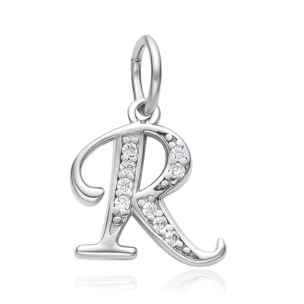 1pc 925 Sterling Silver Letter R Charm, Tarnish Resistant Rhodium Plated, Cubic Zirconia CZ Name Initial Pendant Drop,SSP-C18