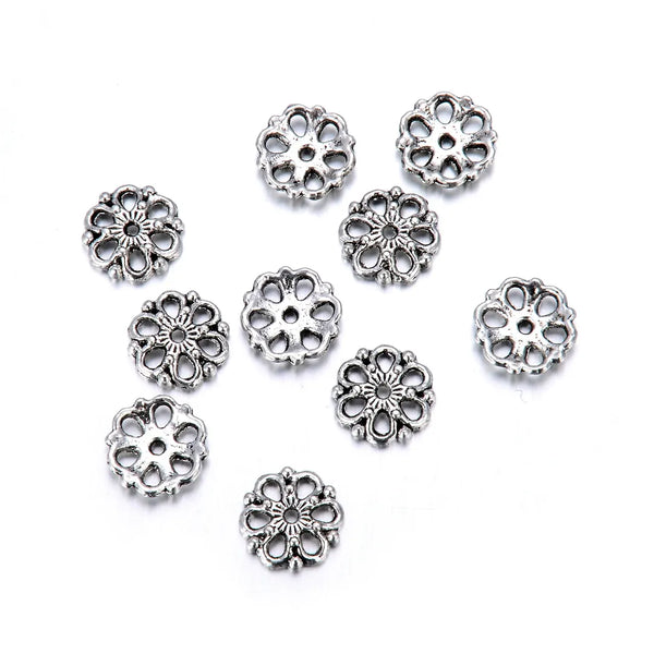 200pcs Filigree Flower Bead Caps, 9mm Bead End Caps, Antique Silver, MC-AB3