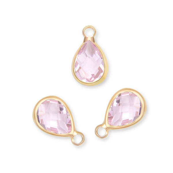 10pcs Grade A October Pink Teardrop Birthstone Charm Drop, 18K Yellow Gold Plated Brass, Size Selections: 11x7mm, 14x8mm, 16x9mm