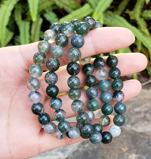 1 Strand Stretch Natural Moss Agate Beaded Gemstone Bracelet, 8mm Bead, Length Selections: 7 inch/7.5 inch/8 inch/8.5 inch