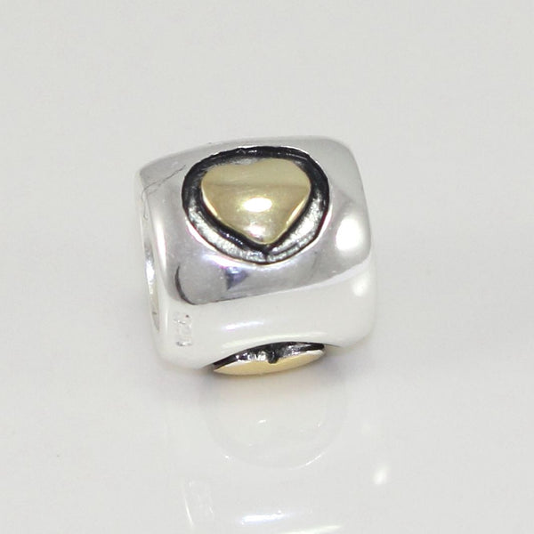 1pc Solid 925 Sterling Silver Forever Love Gold Heart Bead Charm, Compatible with Pandora All Other Charm Bracelet, EC87