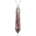 1pc Natural Rhodonite Pink Black Hexagonal Pile Gemstone Pendant Necklace, 18 Inch Surgical Stainless Steel Chain, GGP-B9