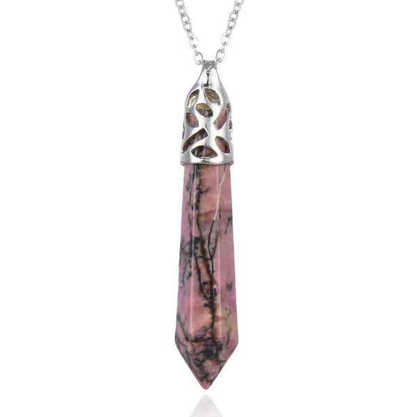 1pc Natural Rhodonite Hexagonal Pile Gemstone Pendant Necklace, 26 Inch Surgical Stainless Steel Chain, GGP-BB9