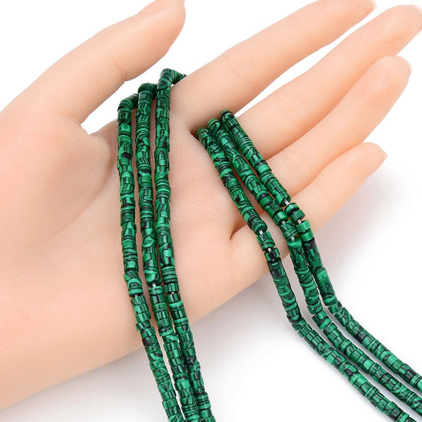 Lab Created Malachite Gemstone Heishi Tube Rondelle Beads, 4x2mm/Small, Hole ID 0.9mm, 14.5 Inch/1 Strand, GH-C34
