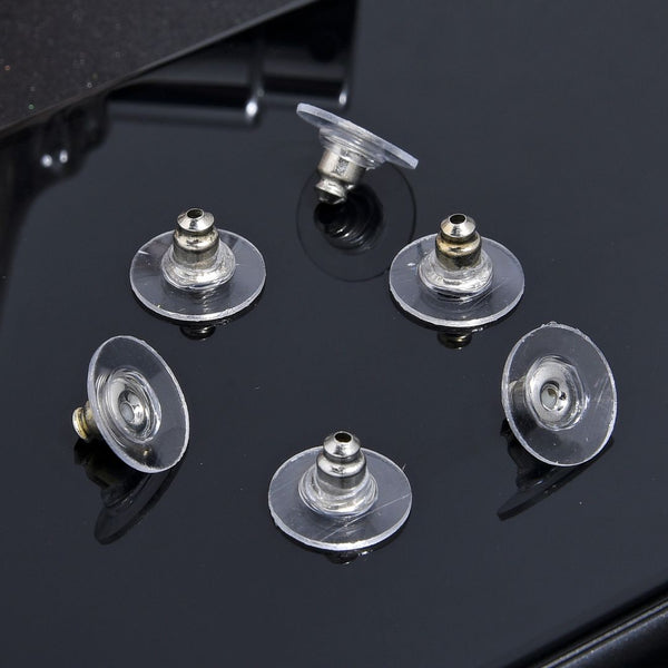 100pcs Earring Backs, Clear Plastic Pad Earnut Replacement, Sterling Silver Plated Brass, 10mm, CF230-1