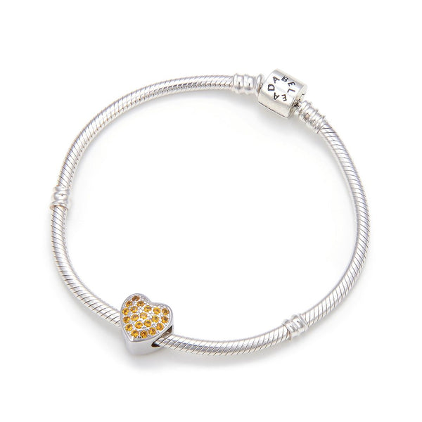 1pc 925 Sterling Silver Love Heart November Birthstone Bead Charm, Yellow Topaz Cubic Zirconia CZ, 10mm, Hole ID 4.5mm, EC1-L11