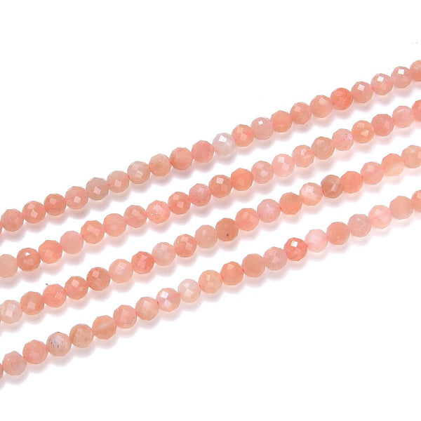 Natural Pink Moonstone Gemstone Tiny Small Faceted Round Beads, 3mm, Hole ID 0.6mm, 15 Inch/1 Strand, GK3-19