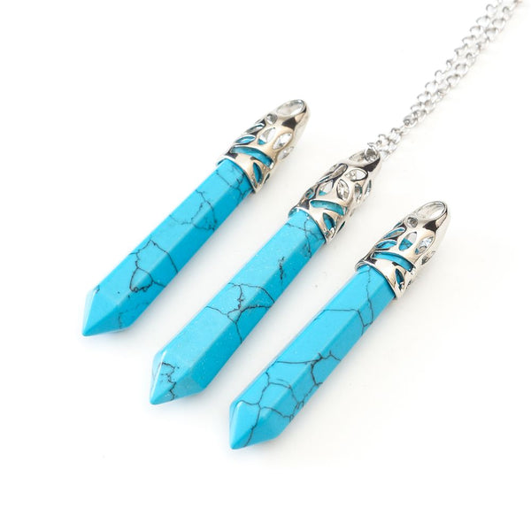 1pc Natural Blue Howlite Imitation Turquoise Hexagonal Pile Gemstone Pendant Necklace, 26 Inch Surgical Stainless Steel Chain, GGP-BB10
