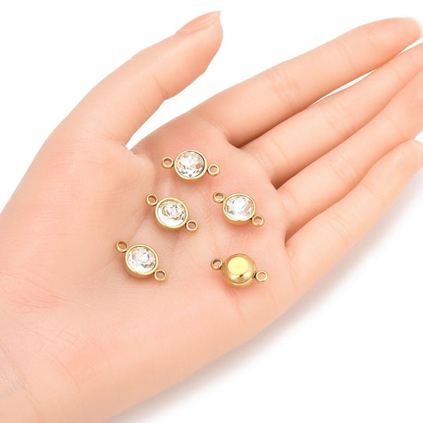 10pcs Grade A April Crystal Clear Birthstone Links, 18K Yellow Gold Plated Stainless Steel, Tarnish Resistant, 10mm, CCP37-4