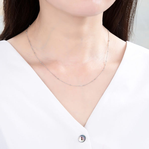 1pc 925 Sterling Silver Bead Station Curb Link Chain Necklace, Tarnish Resistant Rhodium Plated, 1.9mm Beads, Thin Small, Length Selections: 16/18/20/22/24/26/28 Inch