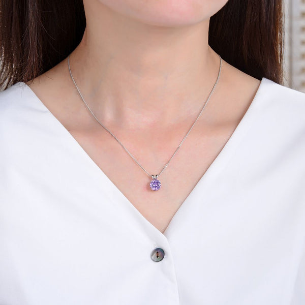 925 Sterling Silver February Birthstone Solitaire Necklace, 8mm/2 Carat Purple Amethyst Cubic Zirconia CZ, Length Selections: 16 inch/18 inch