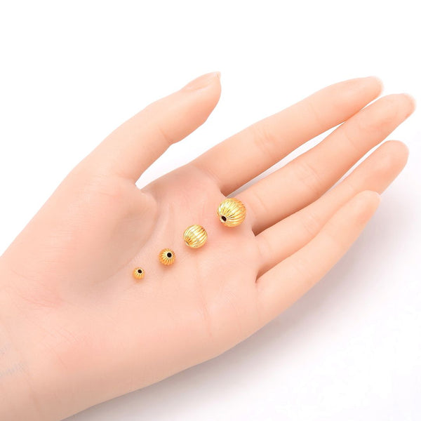 100pcs Tarnish Resistant Small Tiny Corrugated Melon Round Beads, 18K Yellow Gold Plated Brass, Size Selections: 3mm/4mm