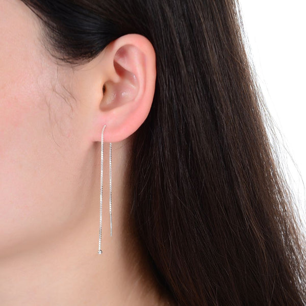 1 Pair 925 Sterling Silver Threader Earrings, Pull Through Dangle Box Chain with Tiny 2mm Ball, Length Selections: 2/3/4/5/6 Inch